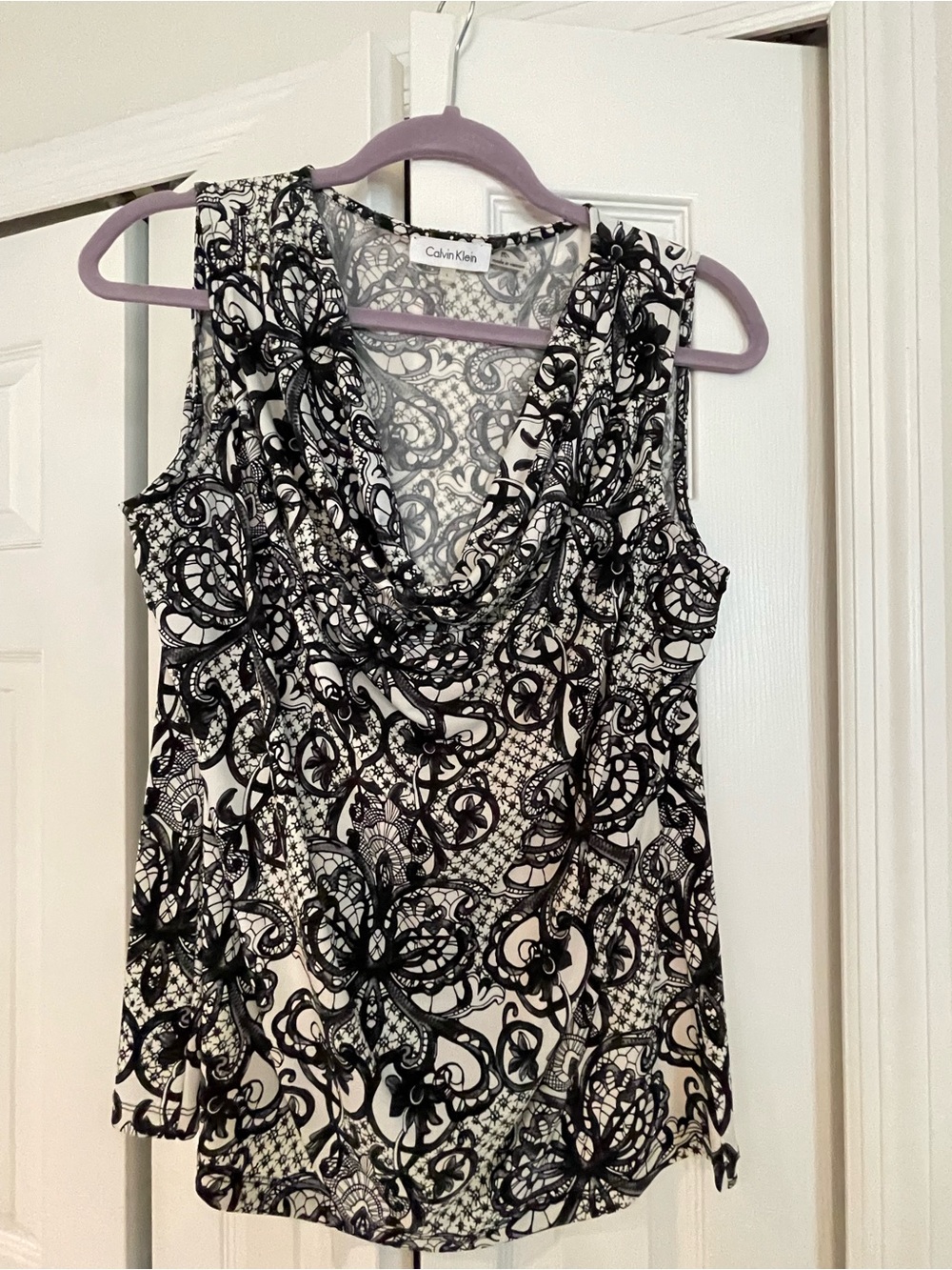 Calvin Klein Black & White Printed Cowl Neck Tank